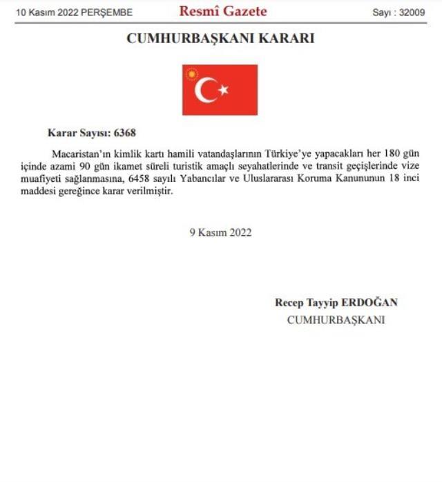Türkiye'den Macaristan'a vize muafiyeti Resmi Gazete'de