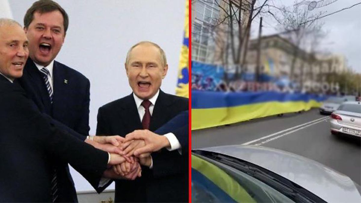 Bu kare sonrası Rus topraklarına katılmışlardı! Geri çekilmenin ardından binlerce Ukraynalı meydanlara inip bayrak açtı