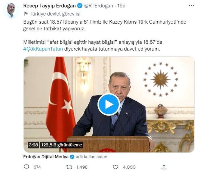 Cumhurbaşkanı Erdoğan'dan deprem tatbikatı mesajı: Ayıracağımız birkaç dakikayla ömrümüze ömür katacak bir deneyim kazanacağız