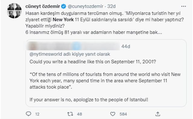 New York Times'ın İstiklal Caddesi'ndeki bombalı saldırının haberini verme şekli tepkilere sebep oldu