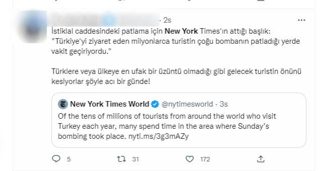 New York Times'ın İstiklal Caddesi'ndeki bombalı saldırının haberini verme şekli tepkilere sebep oldu