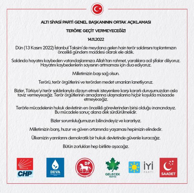 Altılı masadan İstiklal Caddesi'ndeki patlama ile ilgili ortak açıklama: Teröre geçit vermeyeceğiz