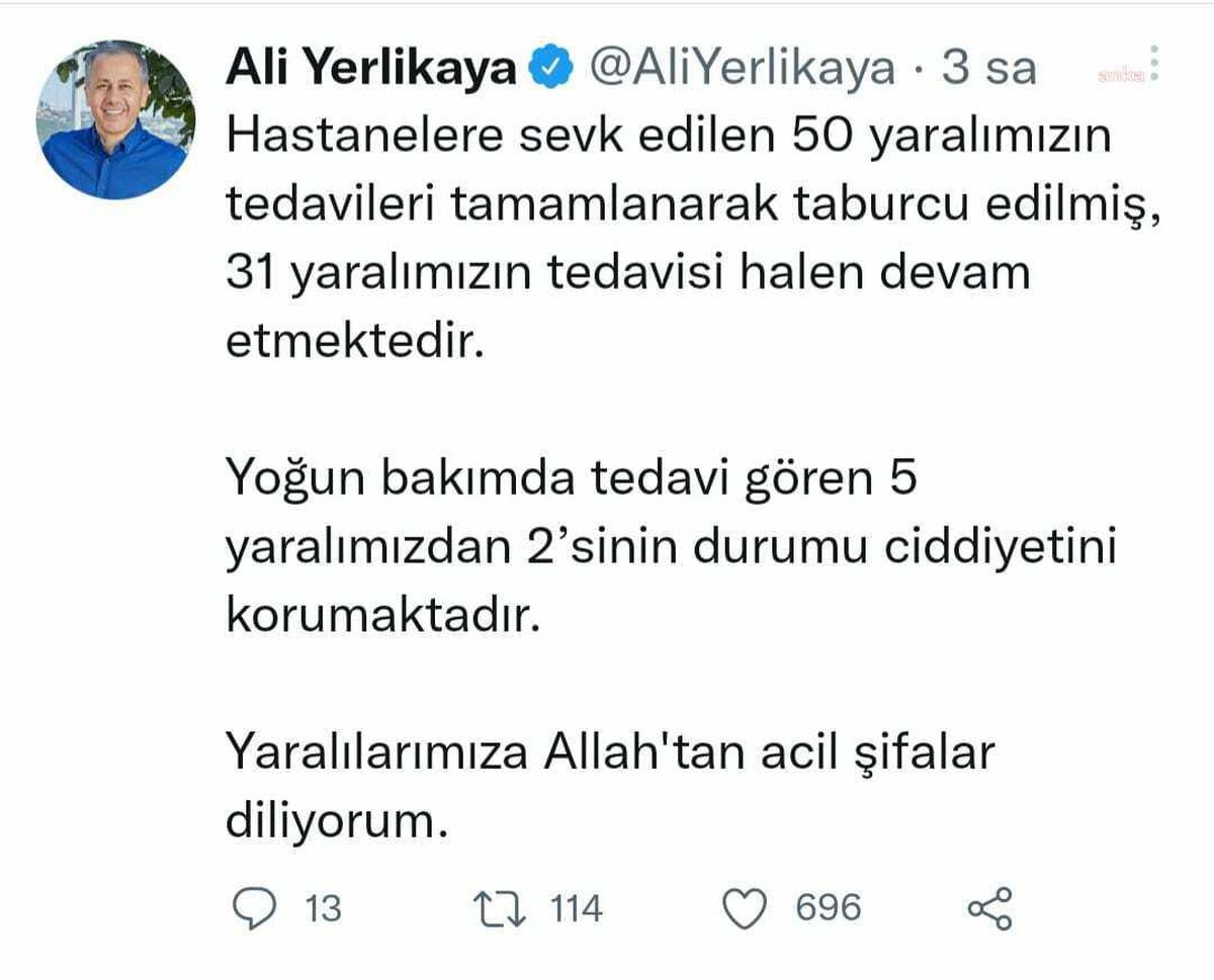 İstanbul Valisi Yerlikaya: '31 Yaralımızın Tedavisi Halen Devam Etmektedir.