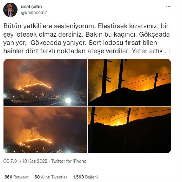 Alevlerin yükseldiği Gökçeada'da Belediye Başkanı Çetin'den sabotaj iddiası: Hainler dört farklı noktadan ateşe verdiler Alevlerin yükseldiği Gökçeada'da Belediye Başkanı Çetin'den sabotaj iddiası: Hainler dört farklı noktadan ateşe verdiler