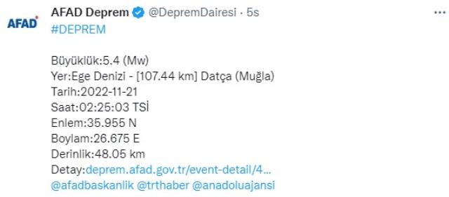 Muğla 5.4 büyüklüğünde depremle sallandı