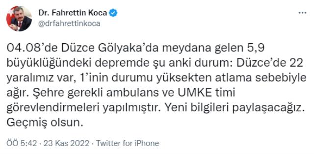 Son dakika! Bakan Koca 5.9 büyüklüğündeki depreme ilişkin son durumu paylaştı: Düzce'de 22 yaralımız var, 1'inin durumu ağır Son dakika! Bakan Koca 5.9 büyüklüğündeki depreme ilişkin son durumu paylaştı: Düzce'de 22 yaralımız var, 1'inin durumu ağır