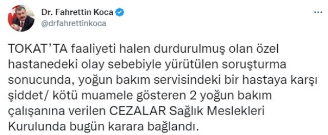Son Dakika: Tokat'taki özel hastanede yoğun bakımdaki hastaya şiddet uygulayan sağlık çalışanlarının cezası kesildi