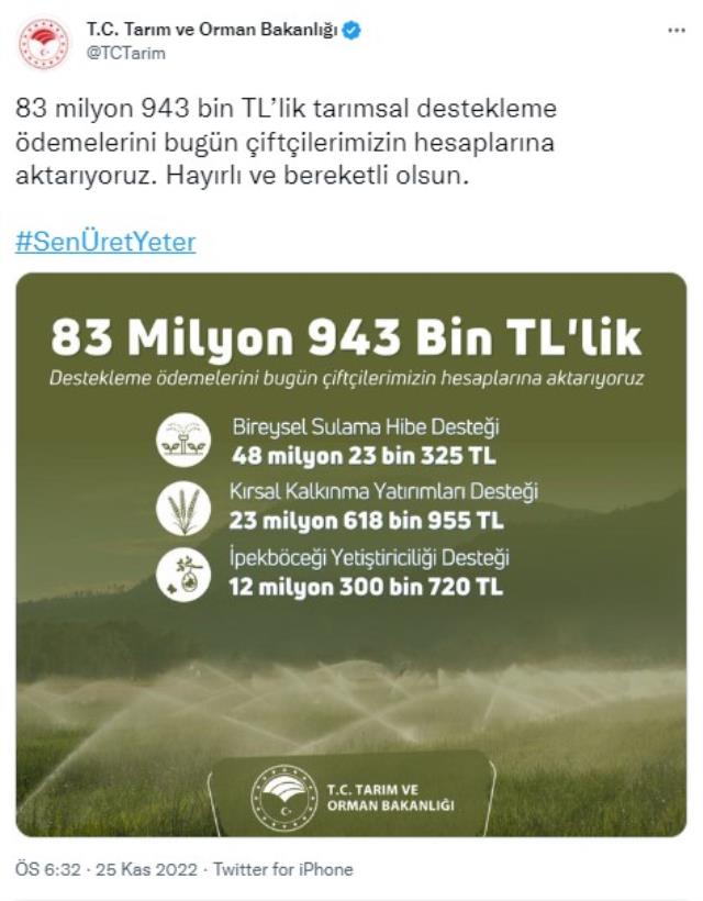 Çiftçinin dört gözle beklediği 83 milyon liralık destek, hesaplara yatırılmaya başlandı