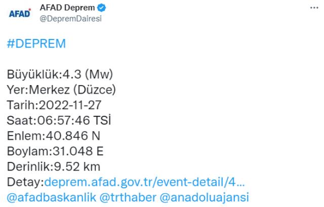 Son dakika! Düzce'de 4.3 büyüklüğünde deprem! Sarsıntı İstanbul'da da hissedildi
