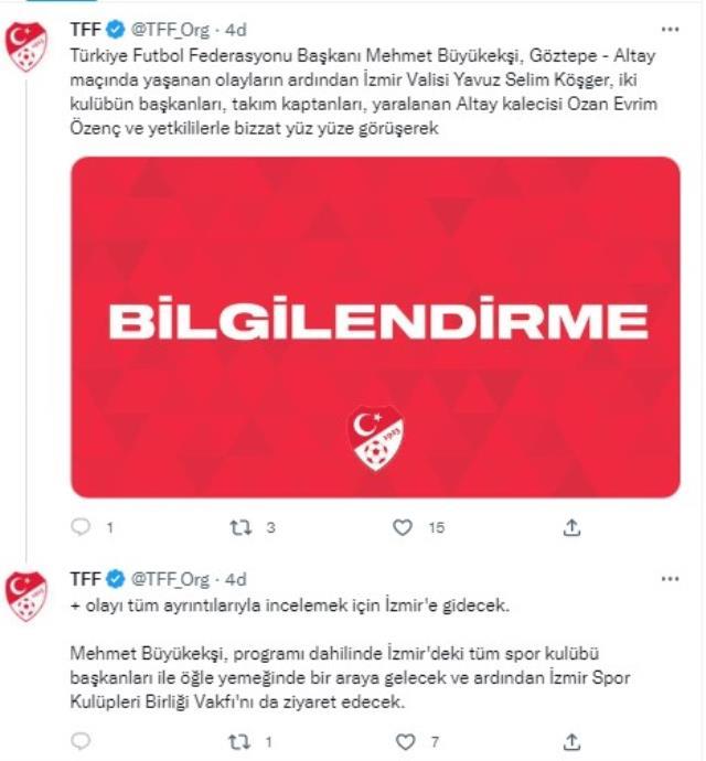 TFF Başkanı Büyükekşi duruma el attı! Olaylı derbi için İzmir'e gidiyor TFF Başkanı Büyükekşi duruma el attı! Olaylı derbi için İzmir'e gidiyor