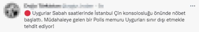 Çin Konsolosluğu önünde eylem yapan Uygur Türklerine 'sınır dışı' tehdidi sosyal medyayı ayağa kaldırdı Çin Konsolosluğu önünde eylem yapan Uygur Türklerine 'sınır dışı' tehdidi sosyal medyayı ayağa kaldırdı