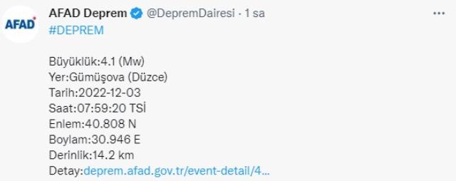 Düzce'de 4.1 büyüklüğünde deprem