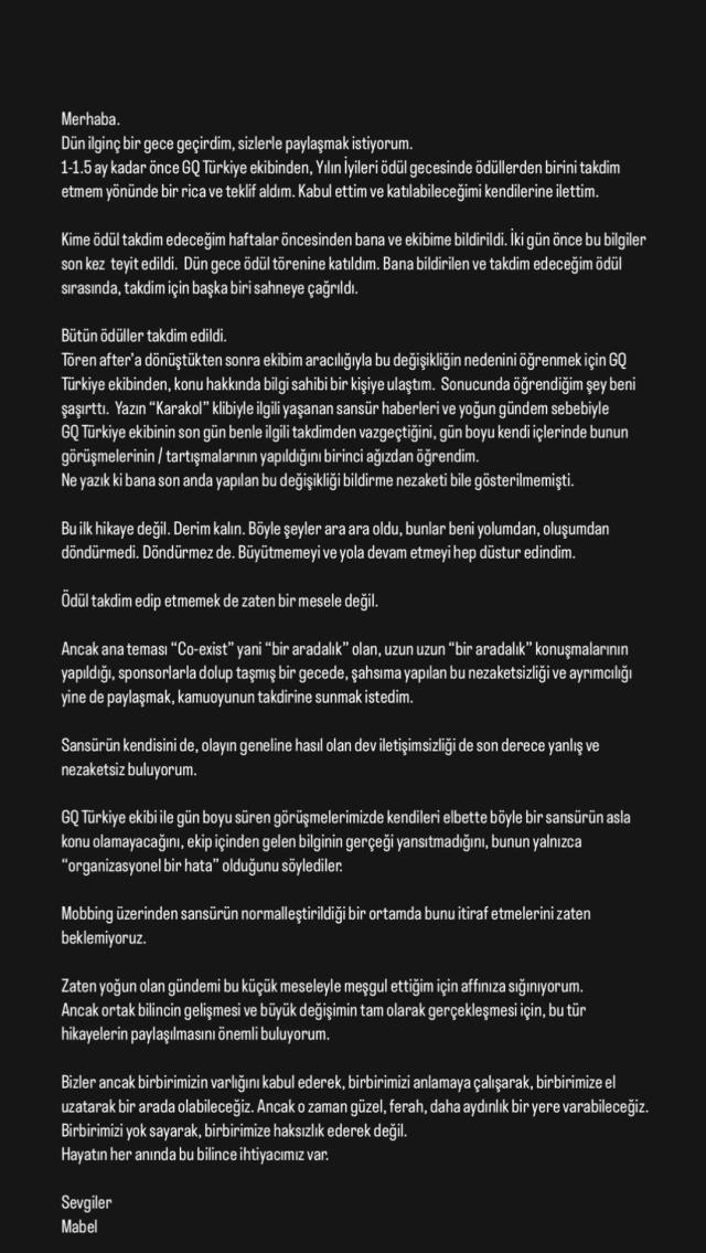 GQ Ödül Törenine davet edilen Mabel Matiz, Karakol klibi yüzünden sansürlendi GQ Ödül Törenine davet edilen Mabel Matiz, Karakol klibi yüzünden sansürlendi