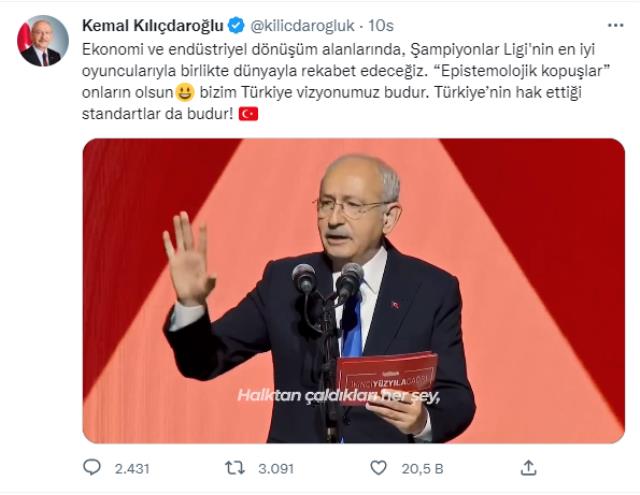 Kemal Kılıçdaroğlu bu sözlerle Nureddin Nebati'ye gönderme yaptı: Epistemolojik kopuşlar onların olsun bizim Türkiye vizyonumuz budur Kemal Kılıçdaroğlu bu sözlerle Nureddin Nebati'ye gönderme yaptı: Epistemolojik kopuşlar onların olsun bizim Türkiye vizyonumuz budur
