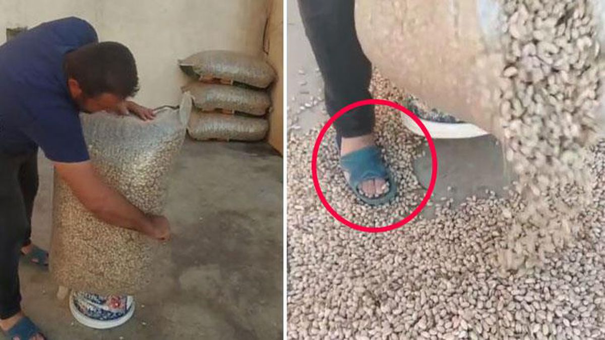 Antep fıstıklarını kilo kilo yere döküp terlikleriyle çiğnedi! Görüntülere büyük tepki var
