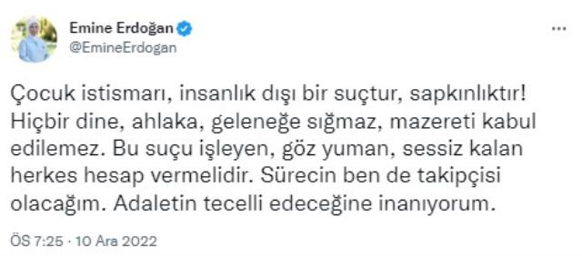 Emine Erdoğan: Çocuk İstismarı, İnsanlık Dışı Bir Suçtur, Sapkınlıktır! Adaletin Tecelli Edeceğine İnanıyorum