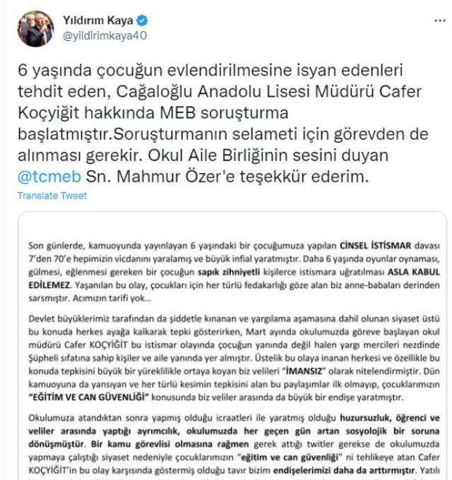 Bakanlık'tan 6 yaşındaki kızın evlendirilmesiyle ilgili paylaşım yapan okul müdürüne soruşturma