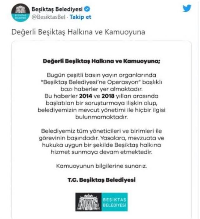 Beşiktaş Belediyesi'nden 'rüşvet operasyonu' açıklaması: Yanlış bir bilgi var Beşiktaş Belediyesi'nden 'rüşvet operasyonu' açıklaması: Yanlış bir bilgi var