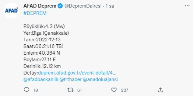 Çanakkale'de 4,3 büyüklüğünde deprem! Sarsıntı İstanbul, Balıkesir ve Bursa'da da hissedildi Çanakkale'de 4,3 büyüklüğünde deprem! Sarsıntı İstanbul, Balıkesir ve Bursa'da da hissedildi