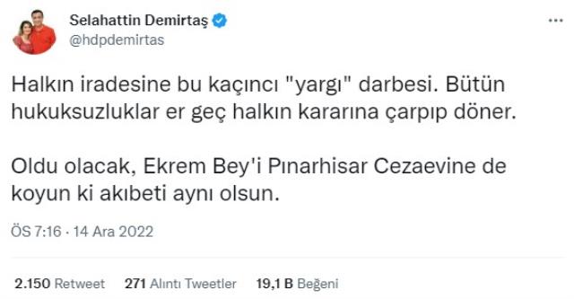 Demirtaş'tan İmamoğlu'na manidar destek: Pınarhisar Cezaevi'ne de koyun ki akıbeti aynı olsun