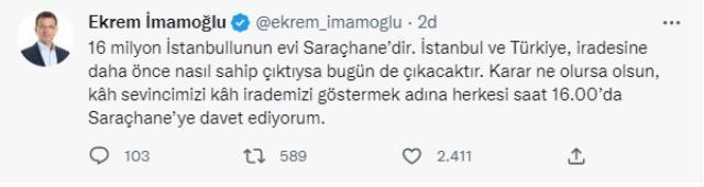İmamoğlu'ndan destekçilerine çağrı: Hepinizi Saraçhane'ye davet ediyorum