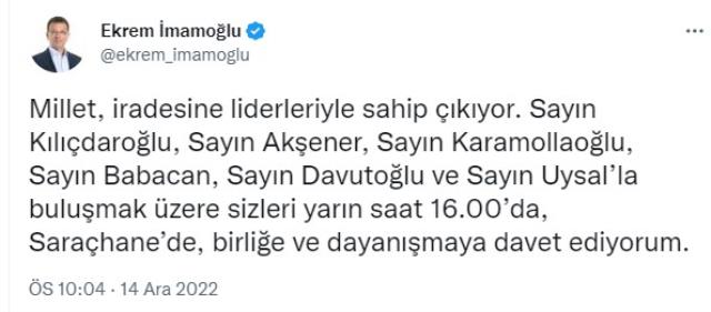Saat vererek duyurdu! İmamoğlu, 6'lı masa liderleriyle yapacağı konuşmaya herkesi çağırdı