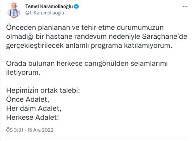 Karamollaoğlu, Saraçhane buluşmasına son anda katılamayacağını duyurdu Karamollaoğlu, Saraçhane buluşmasına son anda katılamayacağını duyurdu