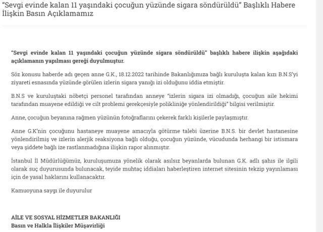 'Çocuğun yüzünde sigara söndürüldüğü' iddiası Bakanlığı harekete geçirdi! Suç duyurusunda bulunulacak