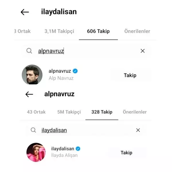 Aşk yaşadıkları konuşulan İlayda Alişan ve Alp Navruz, birbirini takip etmeye başladı Aşk yaşadıkları konuşulan İlayda Alişan ve Alp Navruz, birbirini takip etmeye başladı