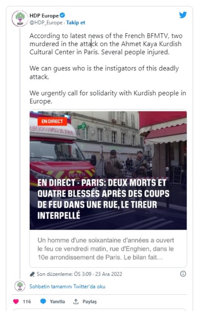 HDP'den Paris'teki saldırya ilişkin açıklama: Azmettiricinin kim olduğunu tahmin edebiliyoruz HDP'den Paris'teki saldırya ilişkin açıklama: Azmettiricinin kim olduğunu tahmin edebiliyoruz