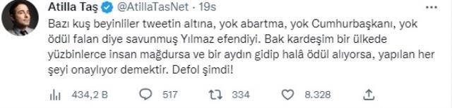 Atilla Taş'tan Erdoğan'ın elinden ödül alan Yılmaz Erdoğan'a sert sözler: Otlu peynir kokulu abimiz