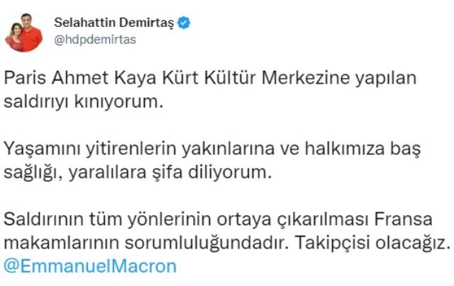 Demirtaş, Paris'teki saldırı sonrası Macron'u etiketleyip paylaşım yaptı Demirtaş, Paris'teki saldırı sonrası Macron'u etiketleyip paylaşım yaptı