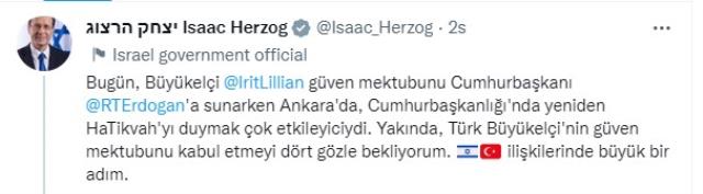İlişkiler normalleşiyor! İsrail Cumhurbaşkanı'ndan Türkiye'ye: Güven mektubunu dört gözle bekliyorum