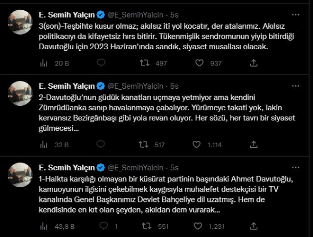 Devlet Bahçeli'den Ahmet Davutoğlu'nun sözlerine sert yanıt: Serok Ahmet akıldan nasipsizdir, aklen de zifiri karanlıktır Devlet Bahçeli'den Ahmet Davutoğlu'nun sözlerine sert yanıt: Serok Ahmet akıldan nasipsizdir, aklen de zifiri karanlıktır