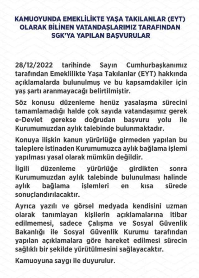 Son Dakika! SGK'dan EYT başvurusu yapan vatandaşlara uyarı: Düzenleme yasalaşmadan aylık bağlanamaz Son Dakika! SGK'dan EYT başvurusu yapan vatandaşlara uyarı: Düzenleme yasalaşmadan aylık bağlanamaz