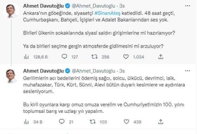 Davutoğlu: 'Sinan Ateş Katledildi. 48 Saat Geçti, Cumhurbaşkanı, Bahçeli, İçişleri ve Adalet Bakanlarından Ses Yok'