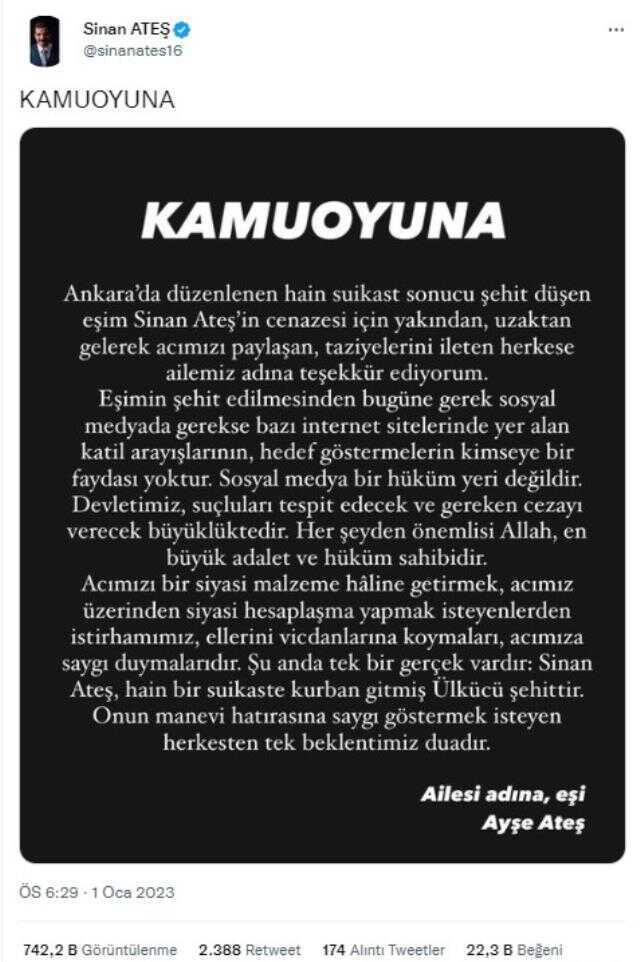 Suikasta uğrayan Sinan Ateş'in ailesinden ilk açıklama: Katil arayışlarının, hedef göstermelerin kimseye bir faydası yok Suikasta uğrayan Sinan Ateş'in ailesinden ilk açıklama: Katil arayışlarının, hedef göstermelerin kimseye bir faydası yok