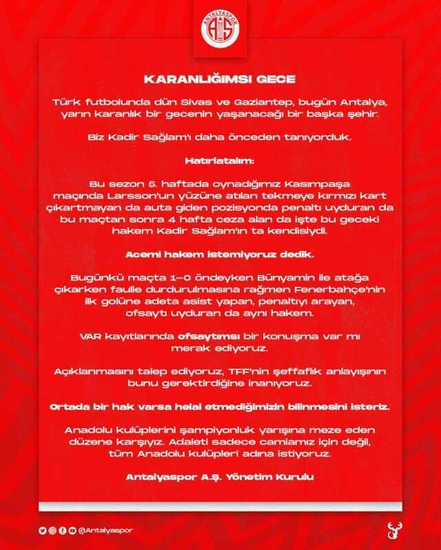 Antalyaspor, Fenerbahçe karşılaşmasındaki VAR kayıtlarının açıklanmasını istedi Antalyaspor, Fenerbahçe karşılaşmasındaki VAR kayıtlarının açıklanmasını istedi