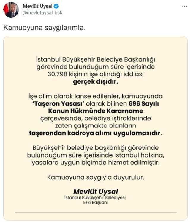 Eski İBB Başkanı Mevlüt Uysal'dan 'işe alım' açıklaması Açıklaması