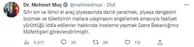 Bakan Muş: 'Sıfır ve ikinci el araç piyasasında darlık yaratmak ve piyasa dengesini bozmak amacıyla faaliyet yürüttüğü iddia edilenler hakkında...