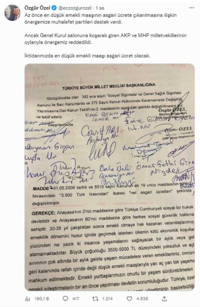 'En düşük emekli aylığı 8.500 TL olsun' teklifi, iki partinin oylarıyla bir kez daha reddedildi