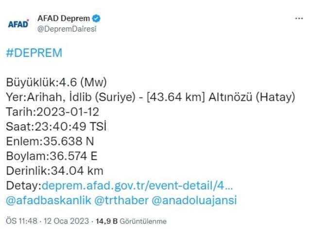 Son Dakika: Suriye'nin İdlib kentinde 4.6 büyüklüğünde deprem! Sarsıntı Hatay'dan da hissedildi Son Dakika: Suriye'nin İdlib kentinde 4.6 büyüklüğünde deprem! Sarsıntı Hatay'dan da hissedildi