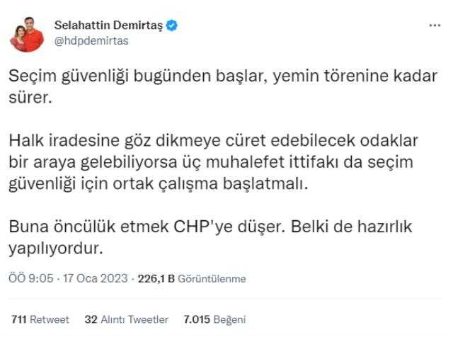 Selahattin Demirtaş'tan seçim güvenliği uyarısı: CHP öncülüğünde ortak bir çalışma başlatılmalı