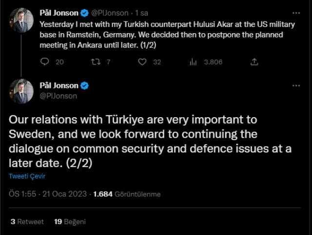 Hulusi Akar'ın 'Ziyaretini iptal ettik' dediği İsveçli bakandan ilk açıklama: Diyaloğu ileri bir tarihte sürdürmeyi sabırsızlıkla bekliyoruz Hulusi Akar'ın 'Ziyaretini iptal ettik' dediği İsveçli bakandan ilk açıklama: Diyaloğu ileri bir tarihte sürdürmeyi sabırsızlıkla bekliyoruz