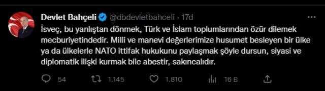 İsveç'teki çirkin olaya Bahçeli'den zehir zemberek sözler: Barbarlığın ve vandallığın aleni gösterimi ve somut örneğidir İsveç'teki çirkin olaya Bahçeli'den zehir zemberek sözler: Barbarlığın ve vandallığın aleni gösterimi ve somut örneğidir