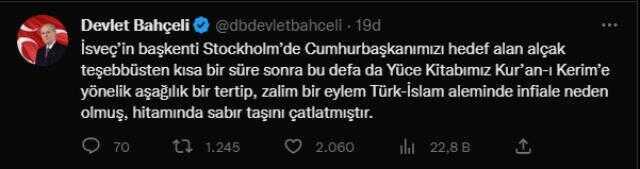 İsveç'teki çirkin olaya Bahçeli'den zehir zemberek sözler: Barbarlığın ve vandallığın aleni gösterimi ve somut örneğidir İsveç'teki çirkin olaya Bahçeli'den zehir zemberek sözler: Barbarlığın ve vandallığın aleni gösterimi ve somut örneğidir
