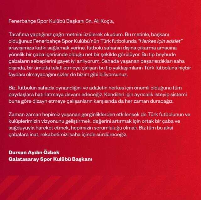 Son Dakika: Dursun Özbek'ten Ali Koç'un 'Televizyona çıkalım' davetine olumsuz cevap: Saha içinde kalacağız