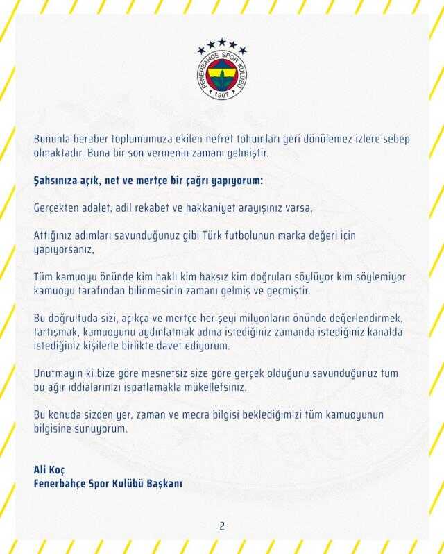 Son Dakika: F.Bahçe Başkanı Ali Koç'tan, G.Saray Başkanı Özbek'e tarihi davet: İstediğiniz kanalda çıkıp tartışalım