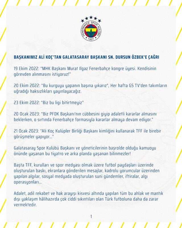 Son Dakika: F.Bahçe Başkanı Ali Koç'tan, G.Saray Başkanı Özbek'e tarihi davet: İstediğiniz kanalda çıkıp tartışalım