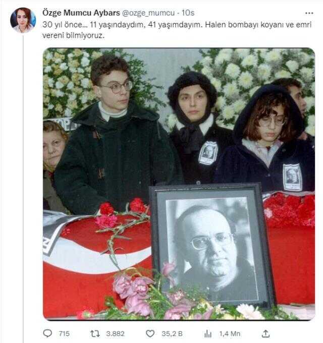 Uğur Mumcu'nun kızından dikkat çeken mesaj: 30 yıl önce 11 yaşındaydım, 41 yaşımdayım, halen bombayı koyanı ve emri vereni bilmiyoruz Uğur Mumcu'nun kızından dikkat çeken mesaj: 30 yıl önce 11 yaşındaydım, 41 yaşımdayım, halen bombayı koyanı ve emri vereni bilmiyoruz